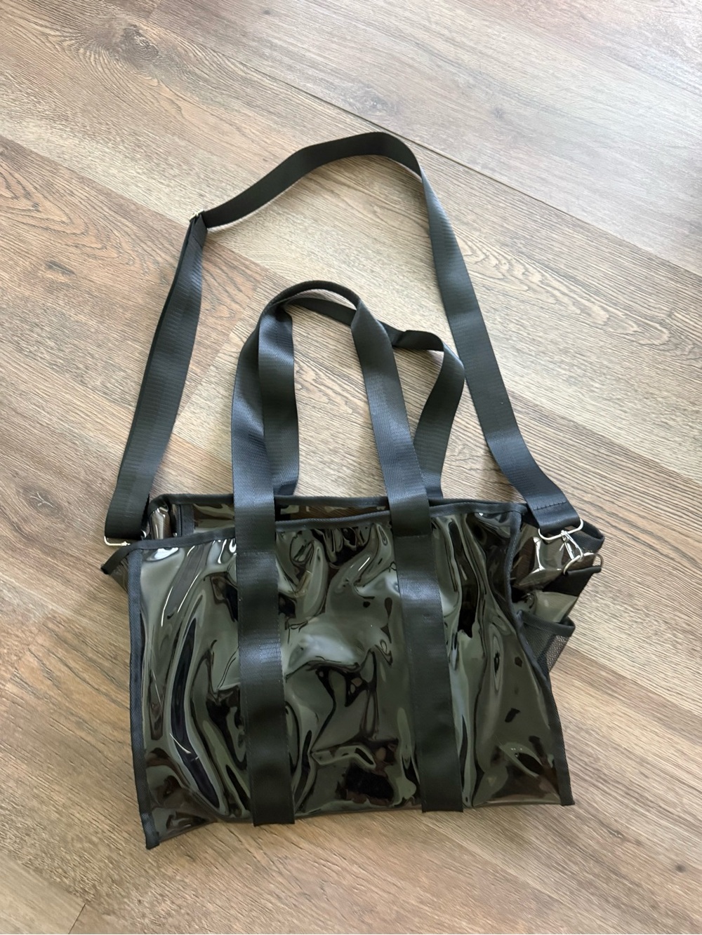 Amazon Essentials Glossy Black Clear PVC Tote with Adjustable Strap
